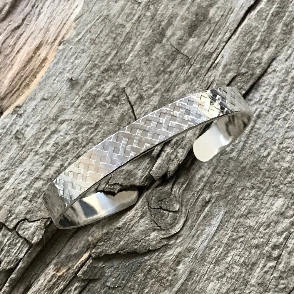 Shiny Sterling Silver Plaid Tartan Open Cuff Bangle Handmade 9.5mm Wide